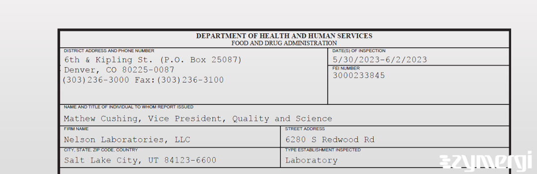 FDANews 483 Nelson Laboratories, LLC Jun 2 2023 top