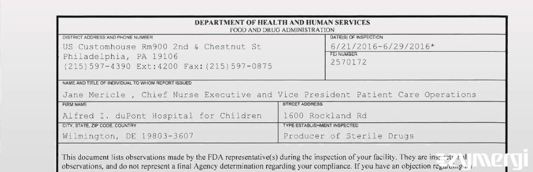 FDANews 483 Nemours Alfred I. duPont Hospital for Children Jun 29 2016 top