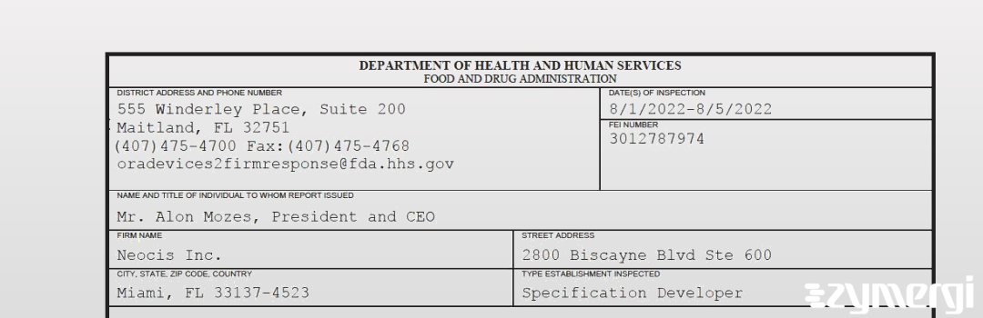 FDANews 483 Neocis Inc. Aug 5 2022 top