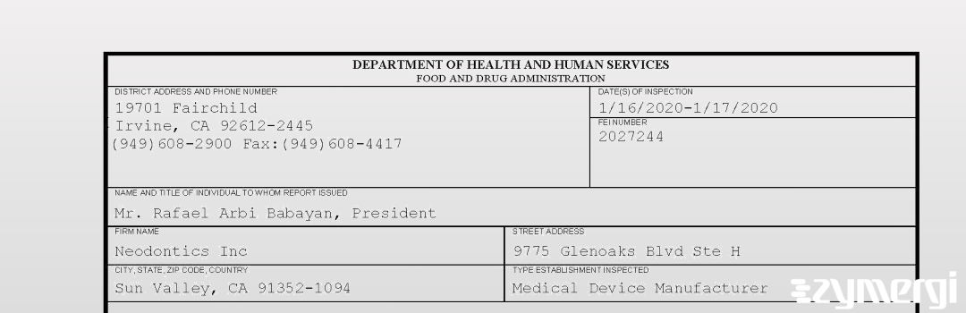 FDANews 483 Neodontics Inc Jan 17 2020 top