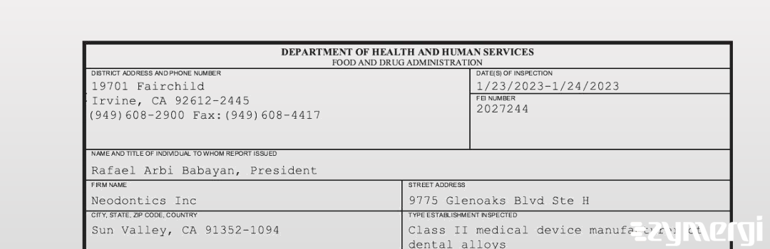 FDANews 483 Neodontics Inc Jan 24 2023 top