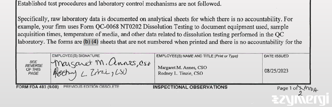 Margaret M. Annes FDA Investigator Rodney L. Tinzie FDA Investigator 