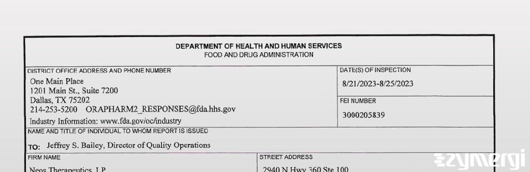 FDANews 483 Neos Therapeutics, LP Aug 25 2023 top