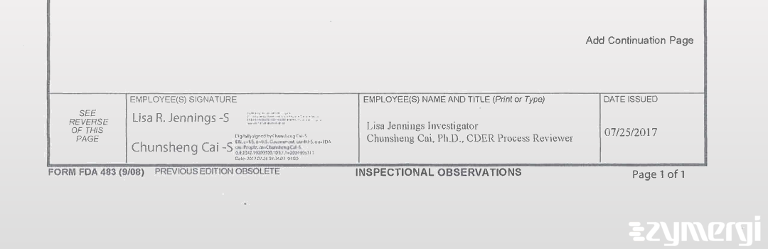 Lisa R. Whitt FDA Investigator Chunsheng Cai FDA Investigator 