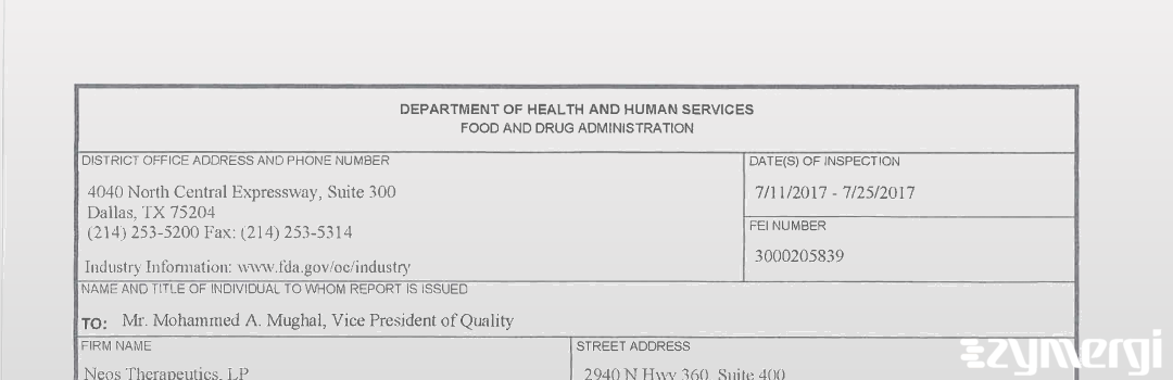 FDANews 483 Neos Therapeutics, LP Jul 25 2017 top