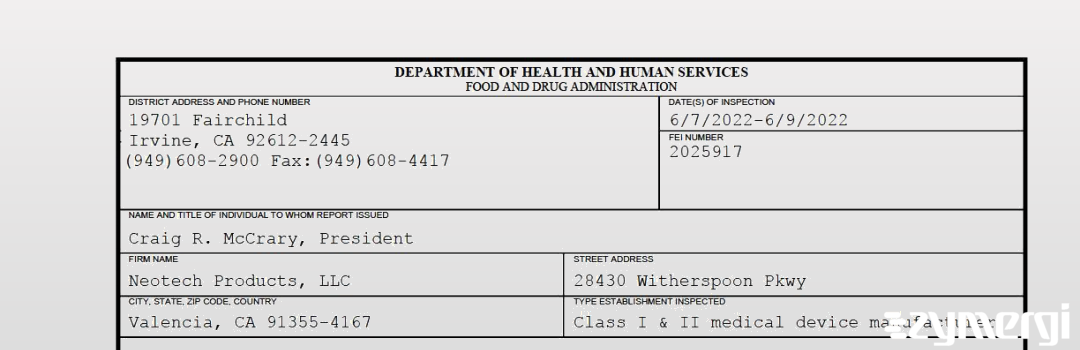 FDANews 483 Neotech Products, LLC Jun 9 2022 top