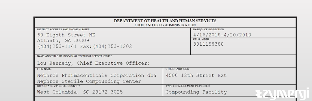 FDANews 483 Nephron Pharmaceuticals Corporation dba Nephron Sterile Compounding Center Apr 20 2018 top