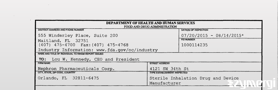 FDANews 483 Nephron Pharmaceuticals Corp. Aug 14 2015 top