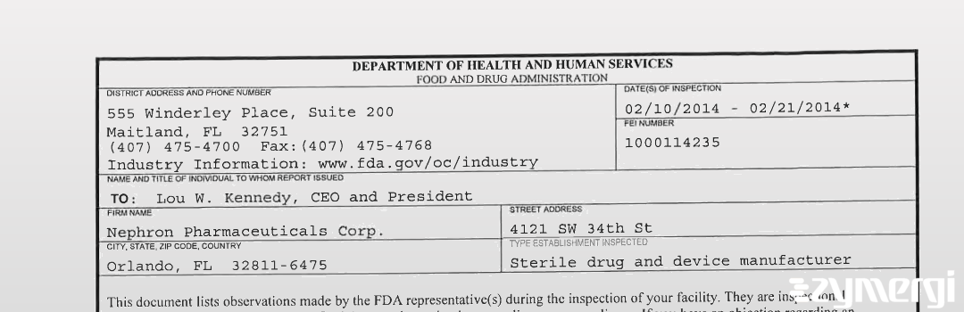 FDAzilla 483 Nephron Pharmaceuticals Corp. Feb 21 2014 top