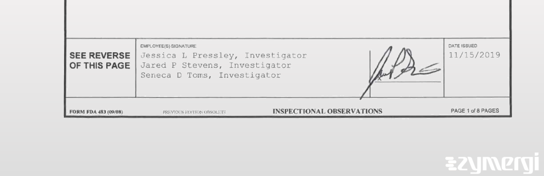 Jessica L. Pressley FDA Investigator Seneca D. Toms FDA Investigator Jared P. Stevens FDA Investigator