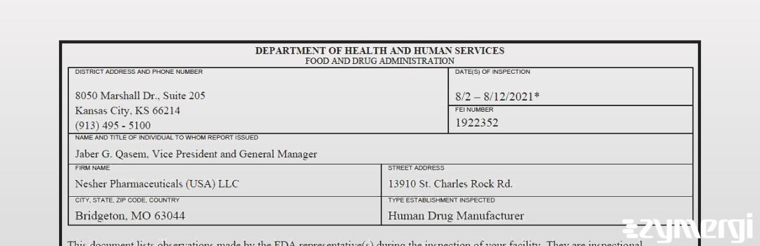 FDANews 483 Nesher Pharmaceuticals (USA) LLC Aug 12 2021 top