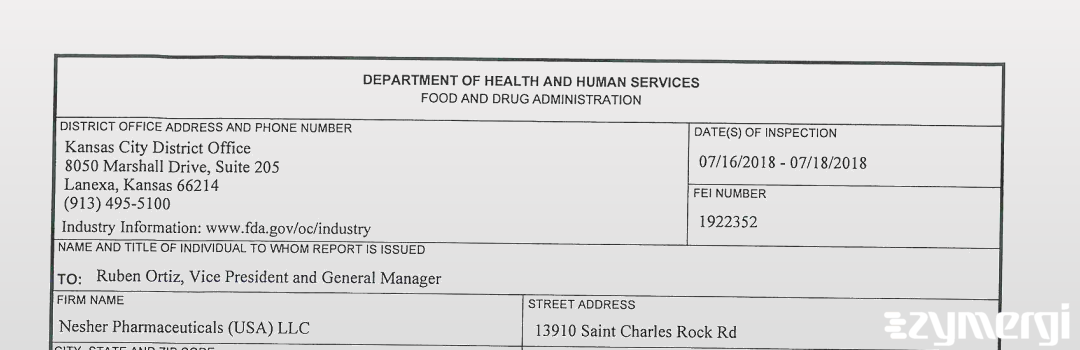 FDANews 483 Nesher Pharmaceuticals (USA) LLC Jul 18 2018 top