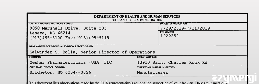 FDANews 483 Nesher Pharmaceuticals (USA) LLC Jul 31 2019 top