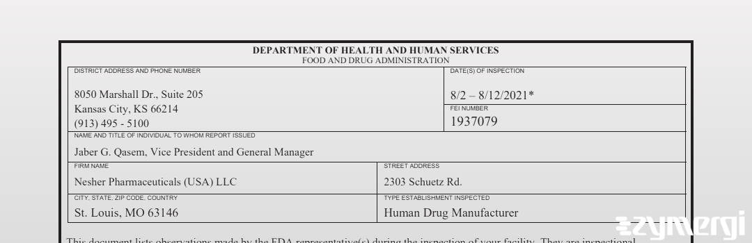 FDANews 483 Nesher Pharmaceuticals (USA) LLC Aug 12 2021 top