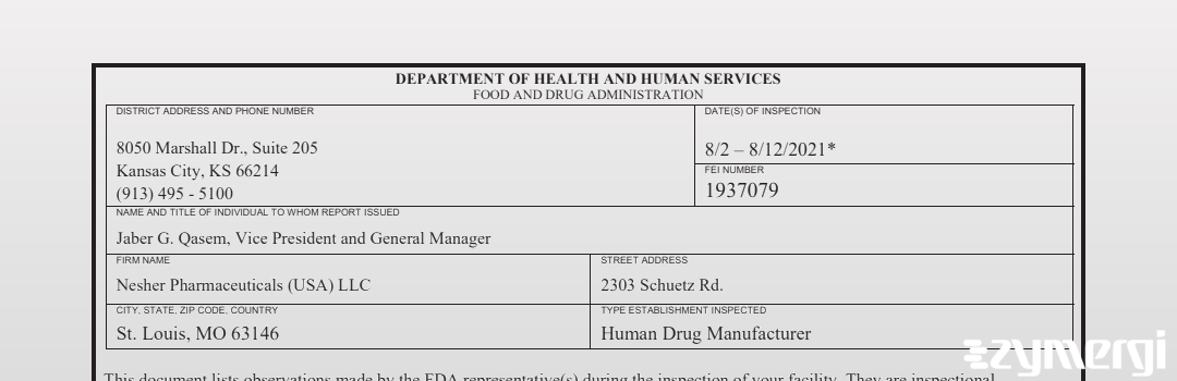 FDANews 483 Nesher Pharmaceuticals (USA) LLC Aug 12 2021 top