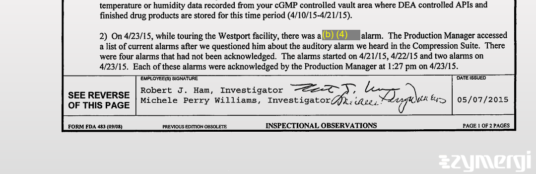 Robert J. Ham FDA Investigator Michele Perry-Williams FDA Investigator Michele Perry Williams FDA Investigator