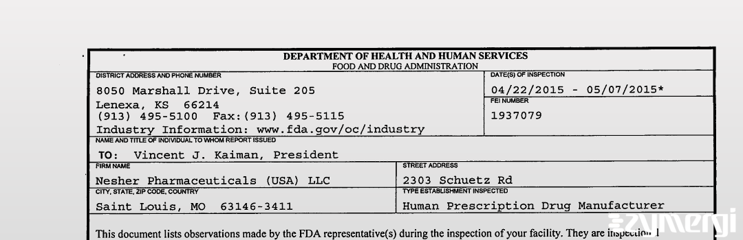 FDANews 483 Nesher Pharmaceuticals (USA) LLC May 7 2015 top