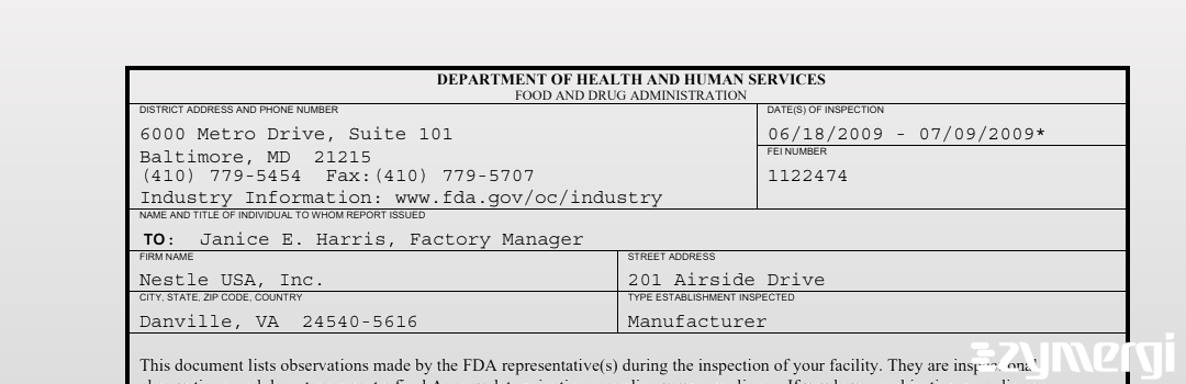 FDANews 483 Nestle USA Jul 9 2009 top