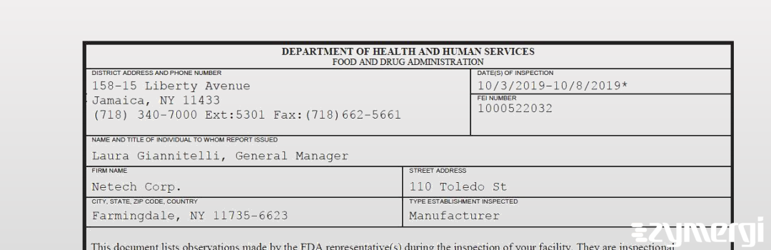 FDANews 483 Netech Corp. Oct 8 2019 top