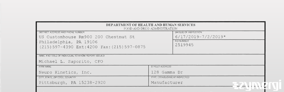 FDANews 483 Neuro Kinetics, Inc. Jul 2 2019 top