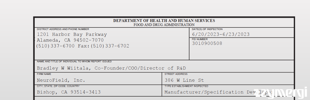 FDANews 483 NeuroField, Inc. Jun 23 2023 top