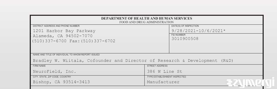 FDANews 483 NeuroField, Inc. Oct 6 2021 top