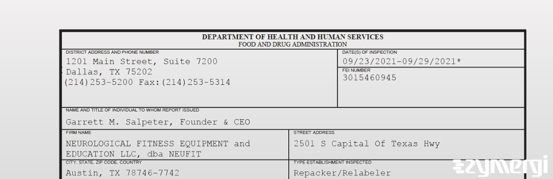 FDANews 483 NEUROLOGICAL FITNESS EQUIPMENT and EDUCATION LLC, dba NEUFIT Sep 29 2021 top