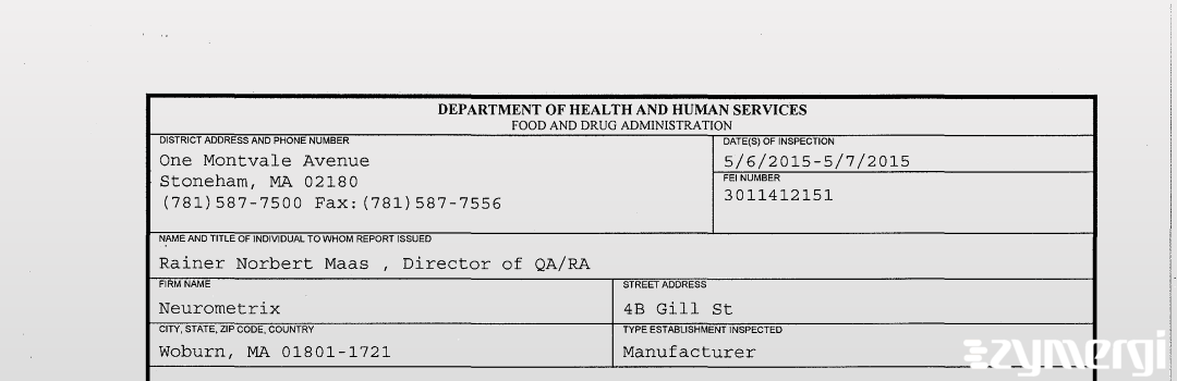 FDANews 483 Neurometrix, Inc. May 7 2015 top