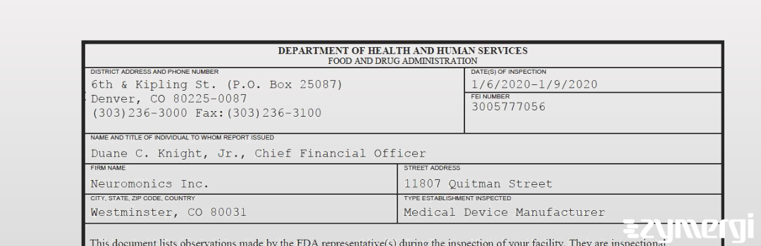 FDANews 483 Neuromonics Inc. Jan 9 2020 top