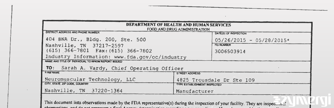 FDANews 483 Neuromuscular Technology, LLC May 28 2015 top