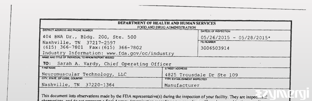 FDANews 483 Neuromuscular Technology, LLC May 28 2015 top