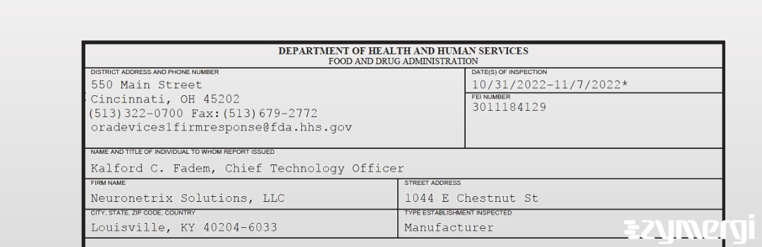 FDANews 483 Neuronetrix Solutions, LLC Nov 7 2022 top