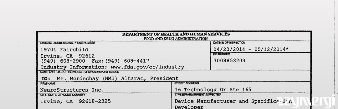FDAzilla 483 NeuroStructures LLC May 12 2014 top