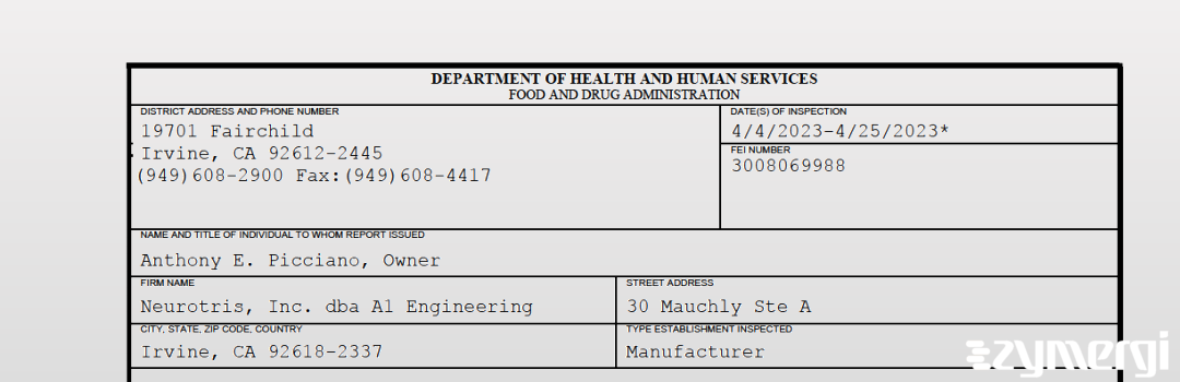 FDANews 483 Neurotris, Inc. dba A1 Engineering Apr 25 2023 top