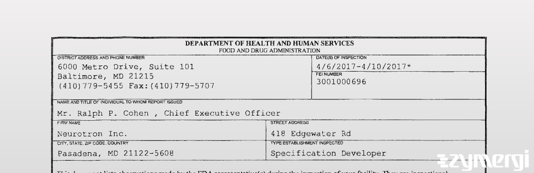 FDANews 483 Neurotron. Inc. Apr 10 2017 top