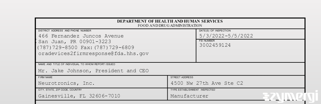 FDANews 483 Neurotronics, Inc. May 5 2022 top