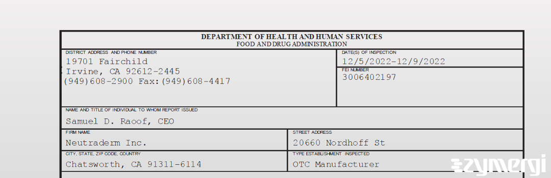 FDANews 483 Neutraderm Inc. Dec 9 2022 top