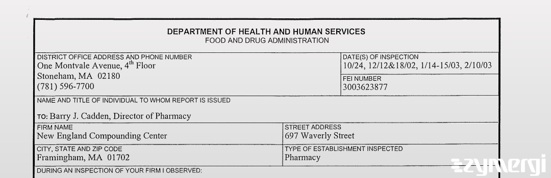 FDANews 483 New England Compounding Pharmacy, Inc. Feb 10 2003 top