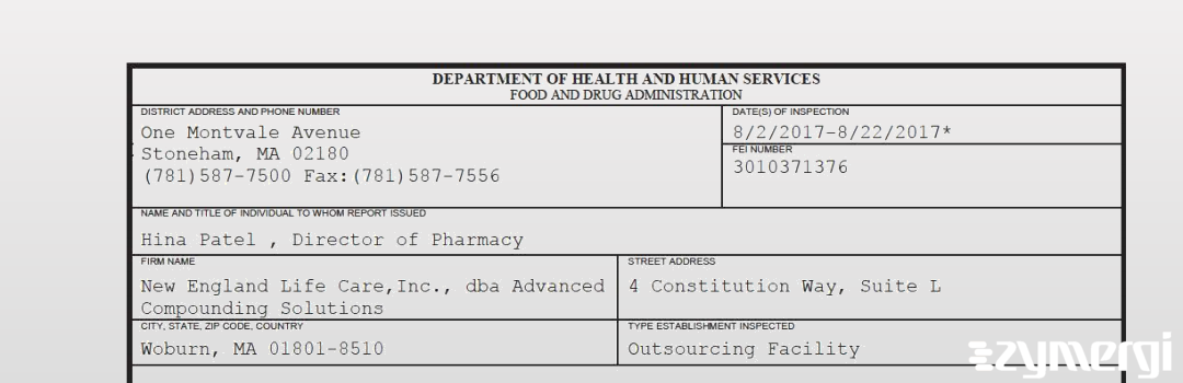 FDANews 483 New England Life Care,Inc., dba Advanced Compounding Solutions Aug 22 2017 top