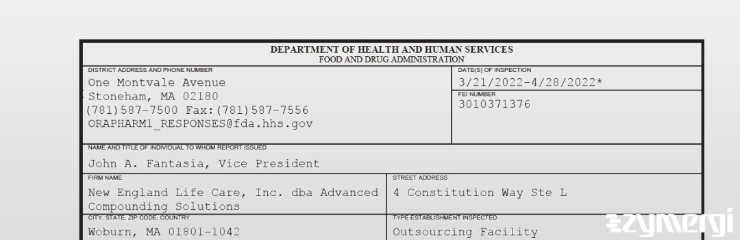 FDANews 483 New England Life Care, Inc. dba Advanced Compounding Solutions Apr 28 2022 top