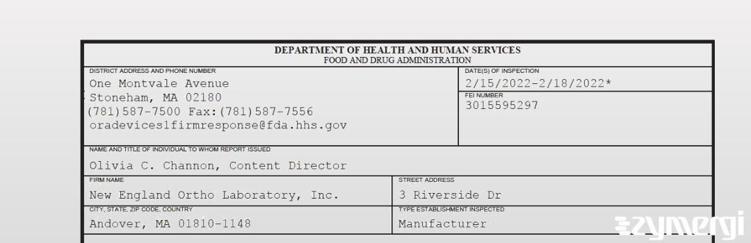 FDANews 483 New England Ortho Laboratory, Inc. Feb 18 2022 top