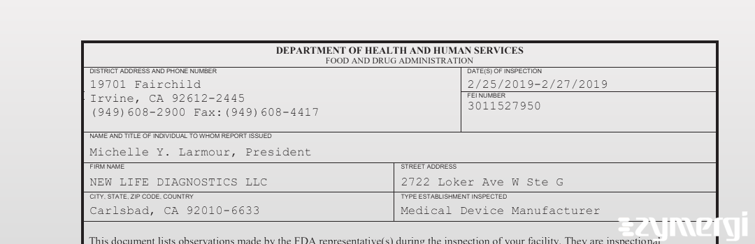 FDANews 483 NEW LIFE DIAGNOSTICS LLC Feb 27 2019 top