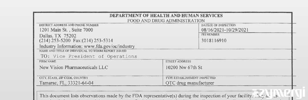 FDANews 483 New Vision Pharmaceuticals LLC Oct 29 2021 top