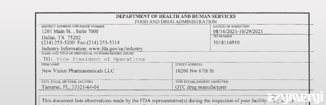 FDANews 483 New Vision Pharmaceuticals LLC Oct 29 2021 top