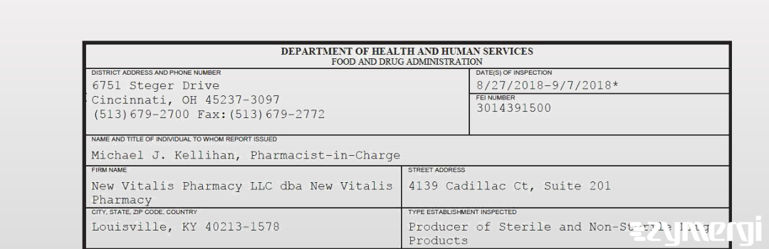 FDANews 483 New Vitalis Pharmacy LLC dba New Vitalis Pharmacy Sep 7 2018 top