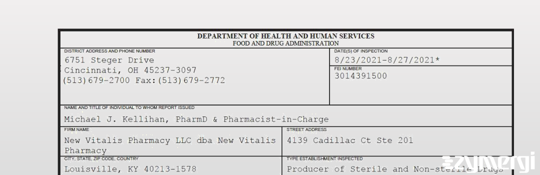 FDANews 483 New Vitalis Pharmacy LLC dba New Vitalis Pharmacy Aug 27 2021 top