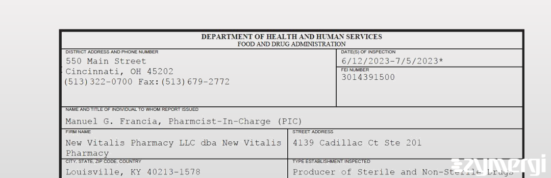 FDANews 483 New Vitalis Pharmacy LLC dba New Vitalis Pharmacy Jul 5 2023 top