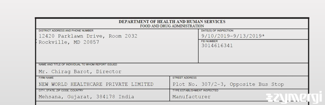 FDANews 483 NEW WORLD HEALTHCARE PRIVATE LIMITED Sep 13 2019 top