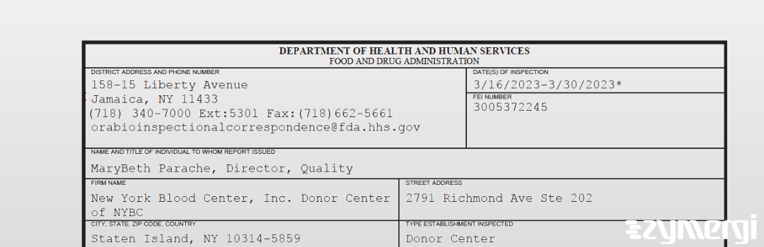 FDANews 483 New York Blood Center, Inc. Donor Center Of NYBC Mar 30 2023 top