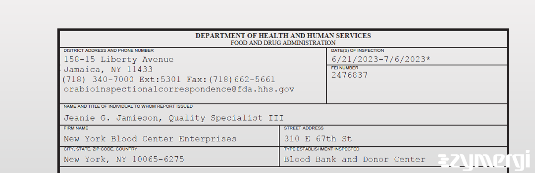 FDANews 483 New York Blood Center Enterprises Jul 6 2023 top